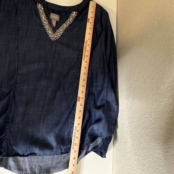 Chico's Size 3 XL Embellished Beaded Denim Tunic Top Shirt Blue Tencel Chambray - Picture 13 of 13